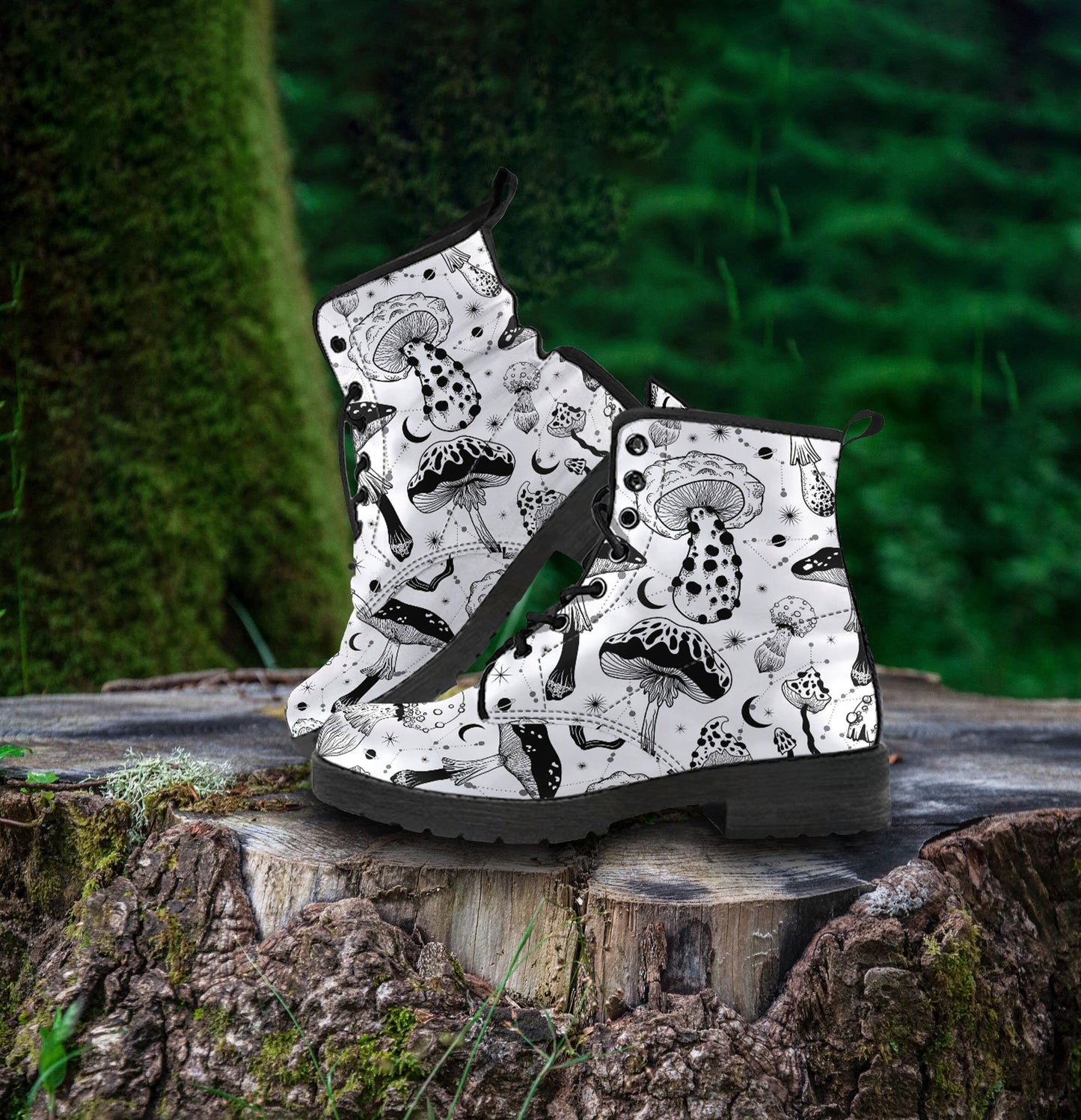 Black & White Mushrooms Women's Vegan Leather Combat Boots