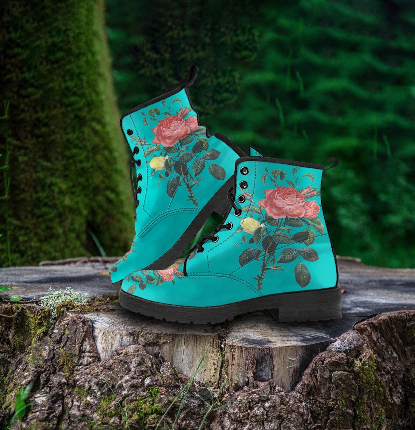 Blue Rose Floral Print Women's Vegan leather Combat Boots