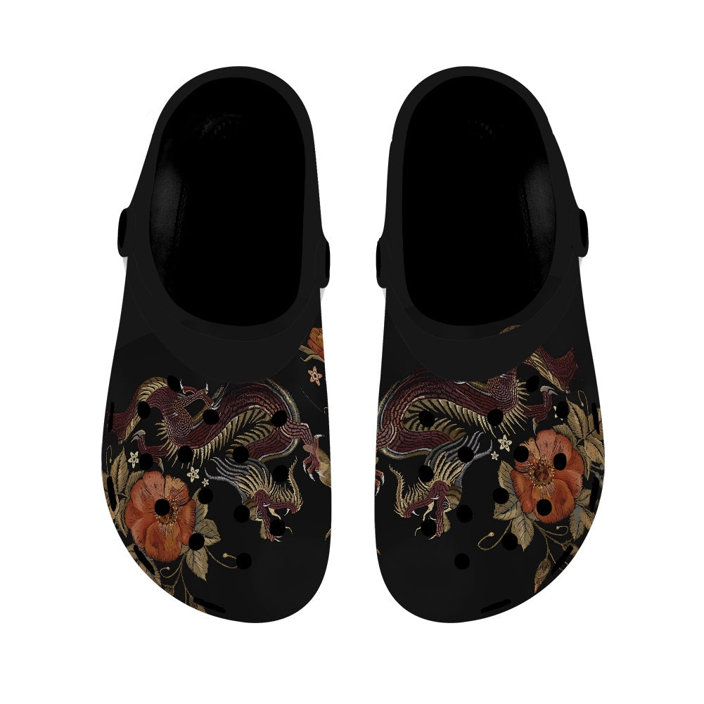 Embroidery Two Chinese Dragons and Roses Flowers Women's Black Sole Clogs