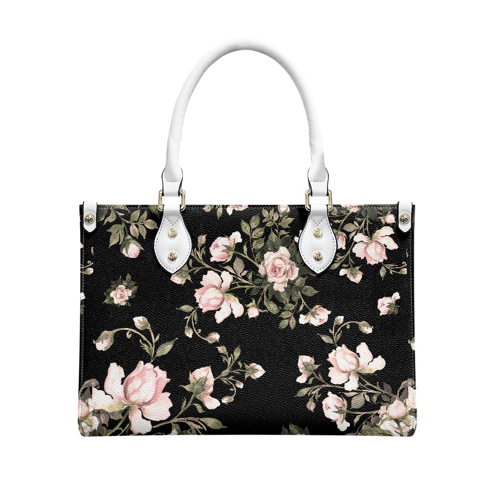 Black Floral Pattern Women's Vegan Leather Handbag