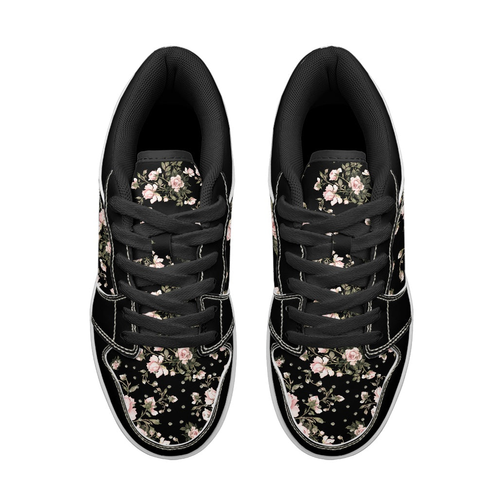 Black Floral Pattern Women's Low Top Vegan Leather Sneakers