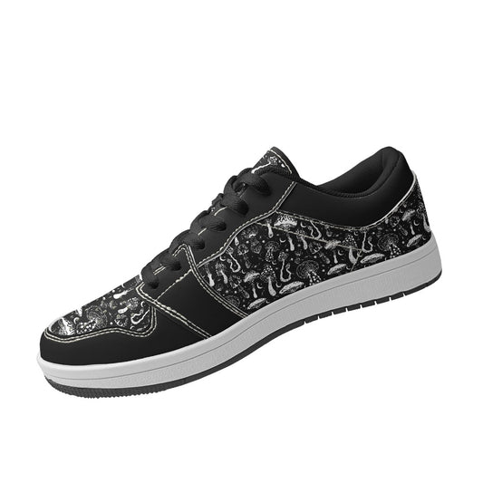 Black White Mushrooms Women's Low Top Leather Sneakers