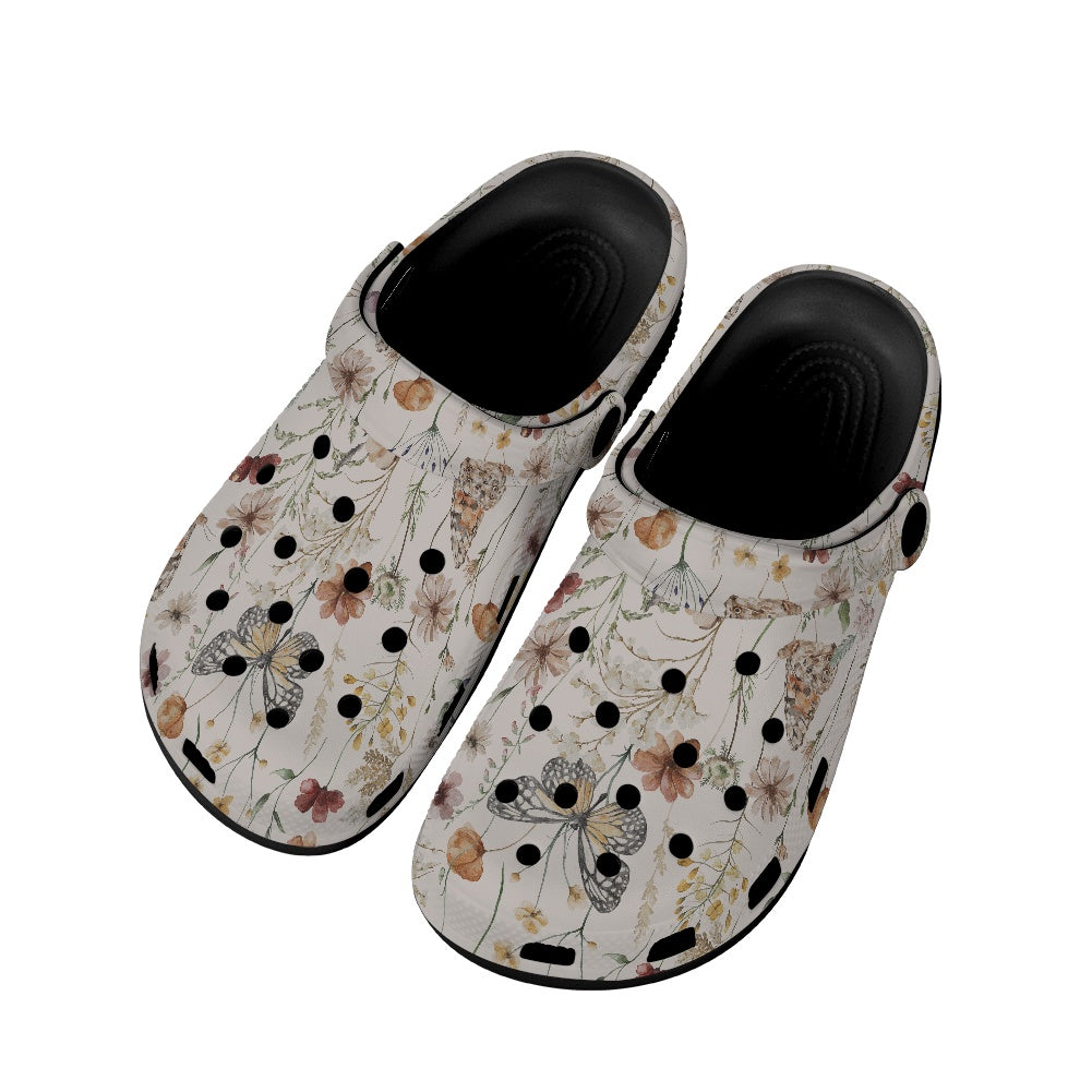 Tiny Bloom Watercolor Butterfly Women's Clogs Style Black Sole