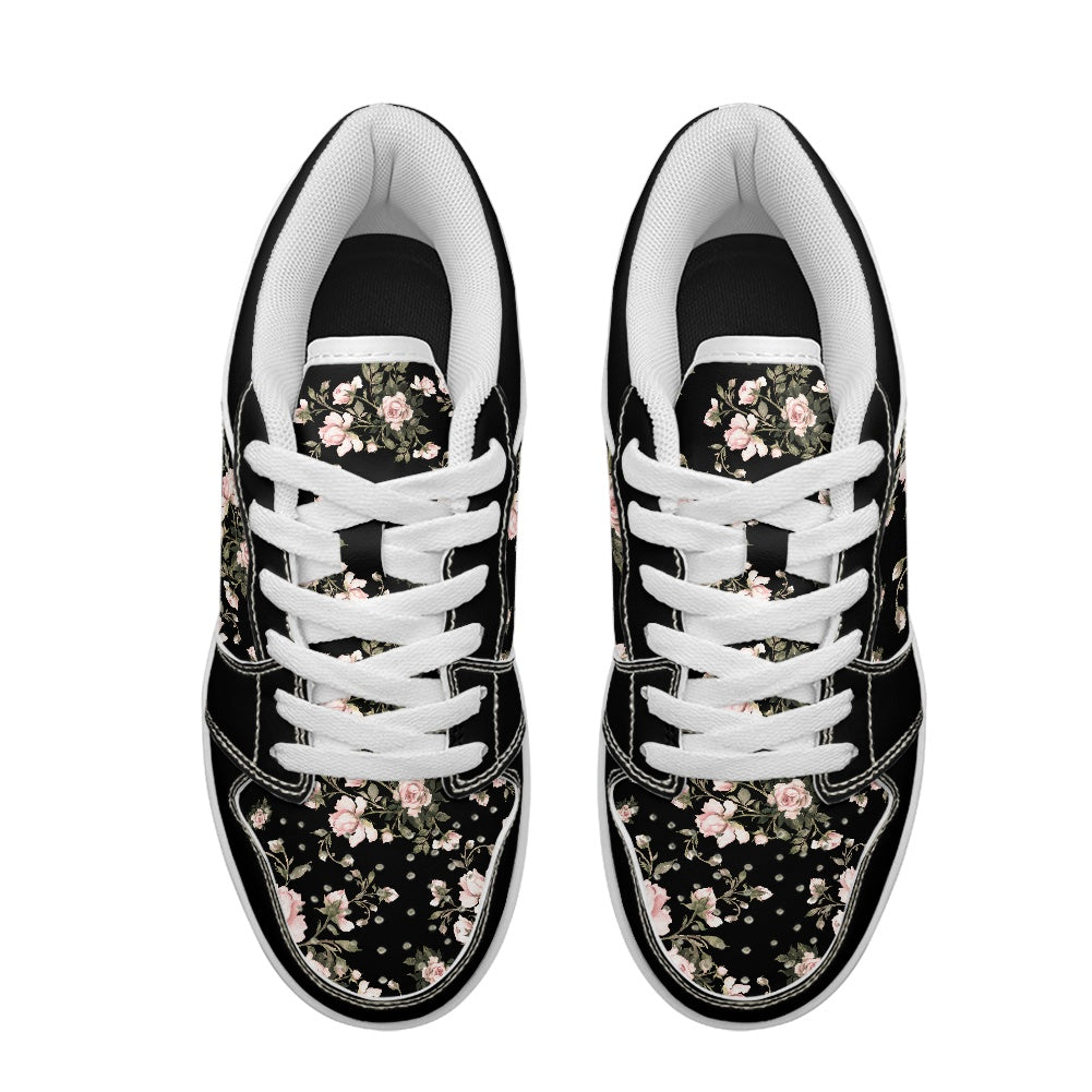 Black Floral Pattern Women's Low Top Vegan Leather Sneakers