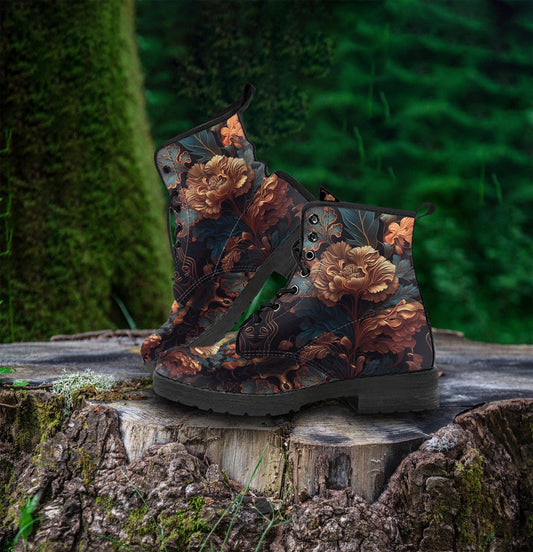 Dark Peony Floral Women's Vegan Leather Boots