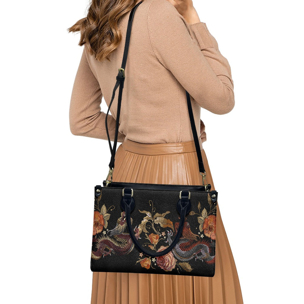 Embroidery Two Chinese Dragons and Roses Flowers Women's Vegan Leather Handbag