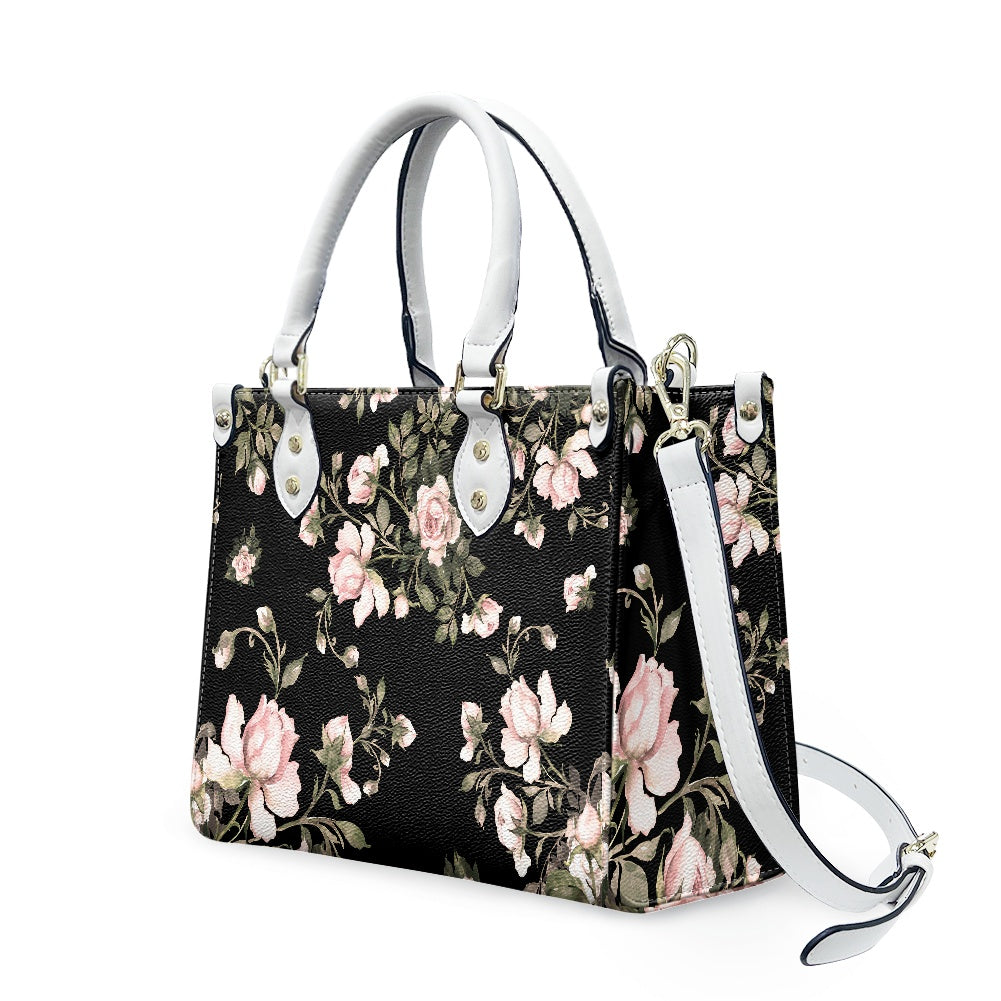 Black Floral Pattern Women's Vegan Leather Handbag