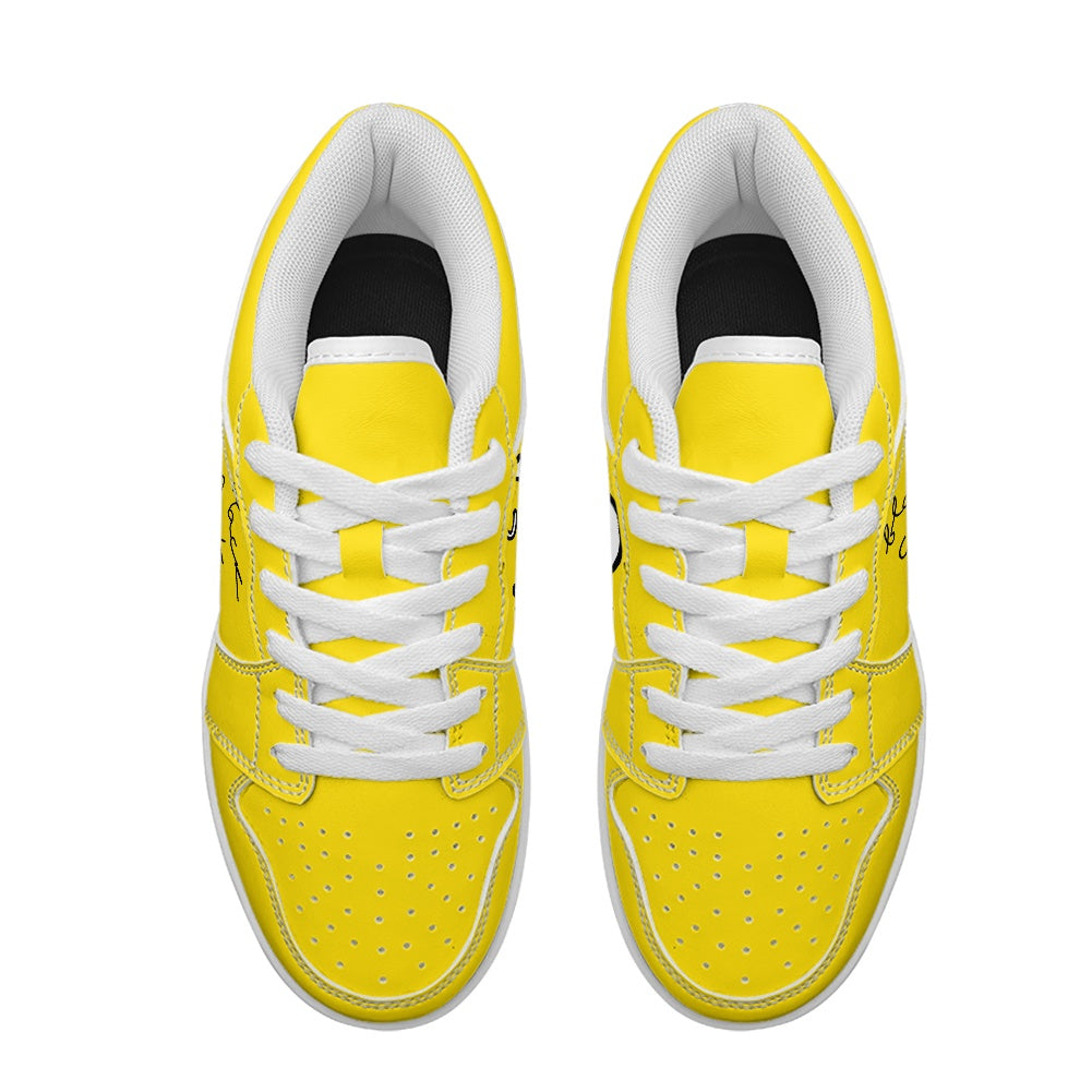 Black or White Cats on Yellow Women's Low Top Vegan Leather Sneakers