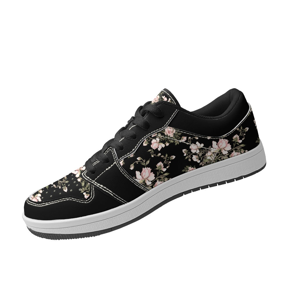 Black Floral Pattern Women's Low Top Vegan Leather Sneakers