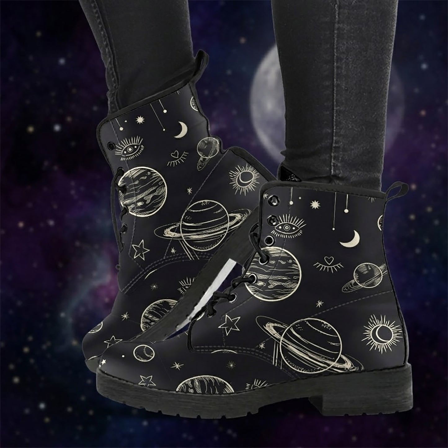 Moon Phases Abstract Women's Vegan Leather Combat Boots