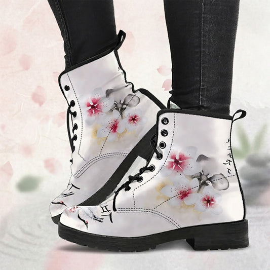 Japanese Cherry Blossom Women's Vegan Leather Combat Boots