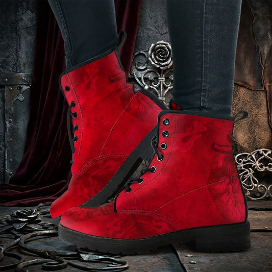 Red Gothic Heart Women's Vegan Leather Combat Boots