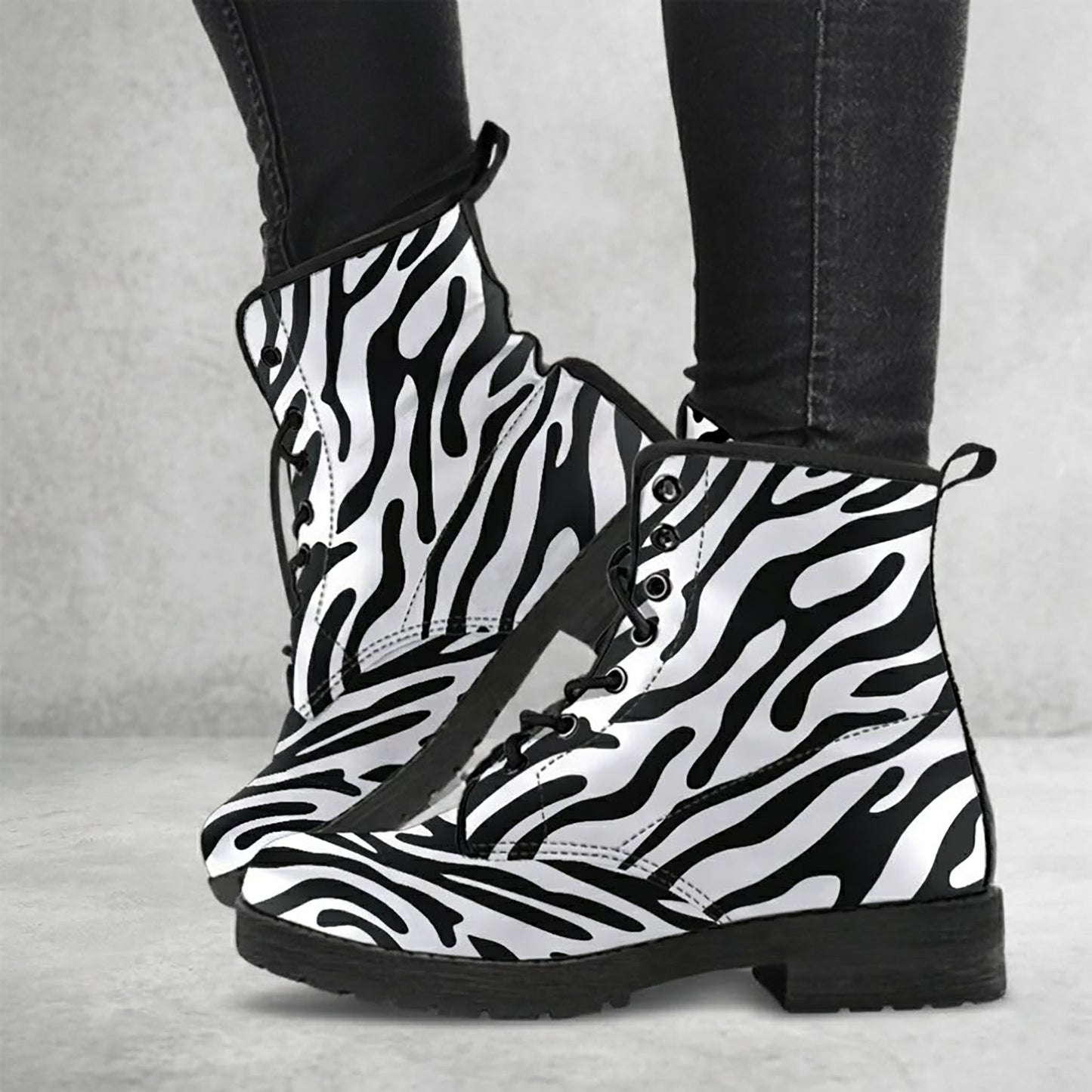Zebra Stripe Women's Vegan Leather Combat Boots