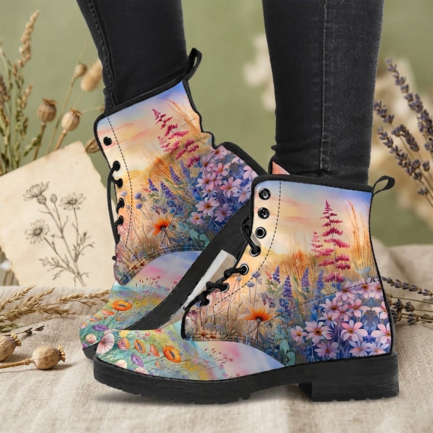 Wildflower Meadow Women's Vegan Leather Combat boots