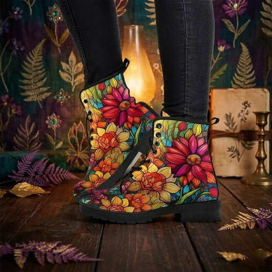 Stained Glass Flower Women's Vegan Leather Boots