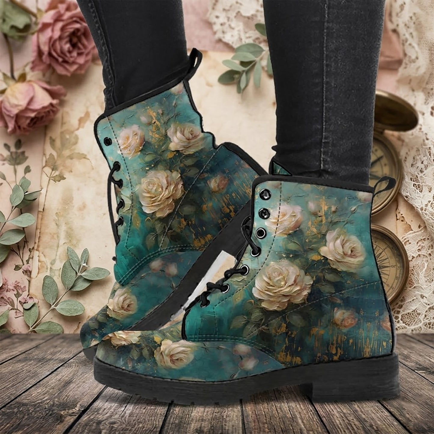 Antique Emerald Romance Women's Vegan Leather Combat Boots