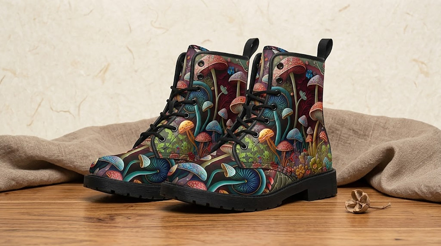 Abstract Mushroom Print Women's Vegan Leather Combat Boots