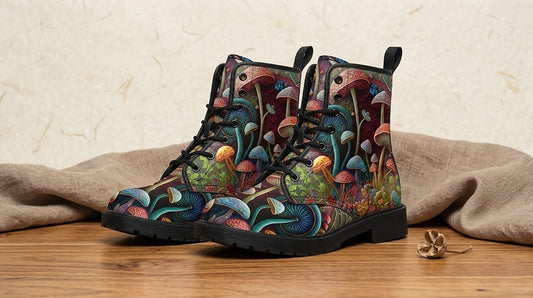 Abstract Mushroom Print Women's Vegan Leather Combat Boots