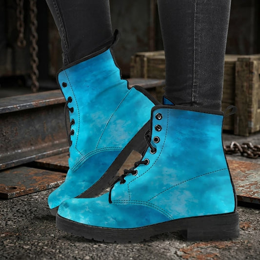 Blue Distressed Grunge Women's Vegan Leather Combat Boots