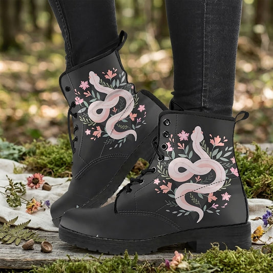 Cottagecore Boho Snake Women's Vegan Leather Combat Boots