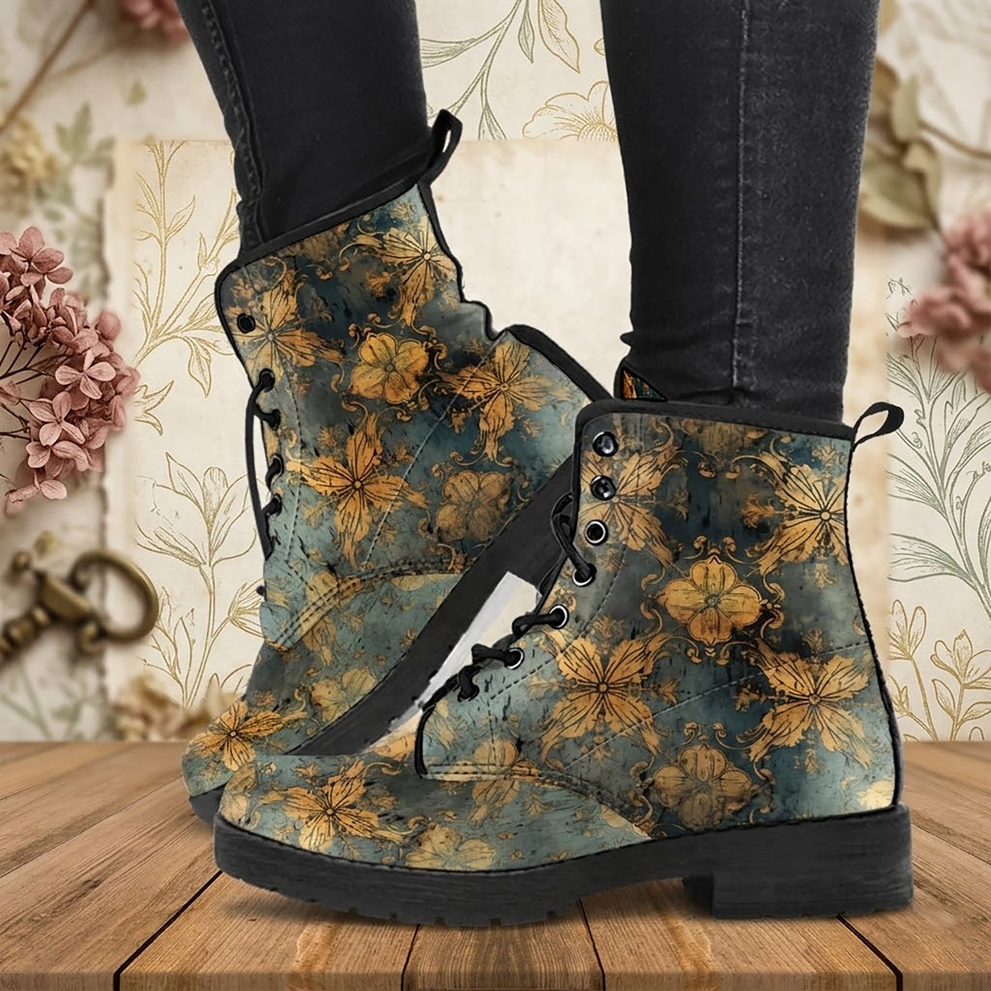 Vintage Floral Golden Motif Women's Vegan Leather Combat Boots