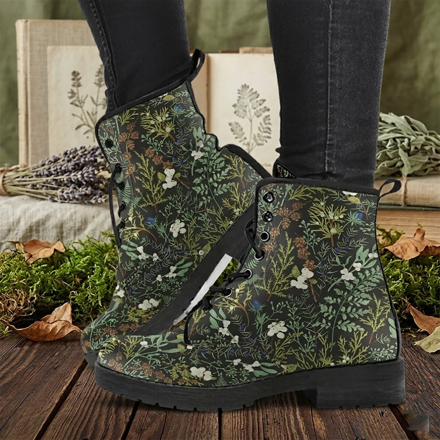 Cottagecore Green Witchy Women's Vegan Leather Combat Boots