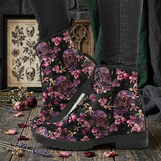 Cottagecore Floral Skull Women's Vegan Leather Combat Boots