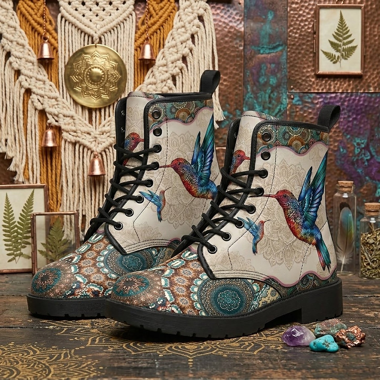Hummingbird Vintage Mandala Women's Vegan Leather Combat Boots