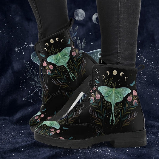 Luna Moth Moon Phase Women's Vegan Leather Combat Boots