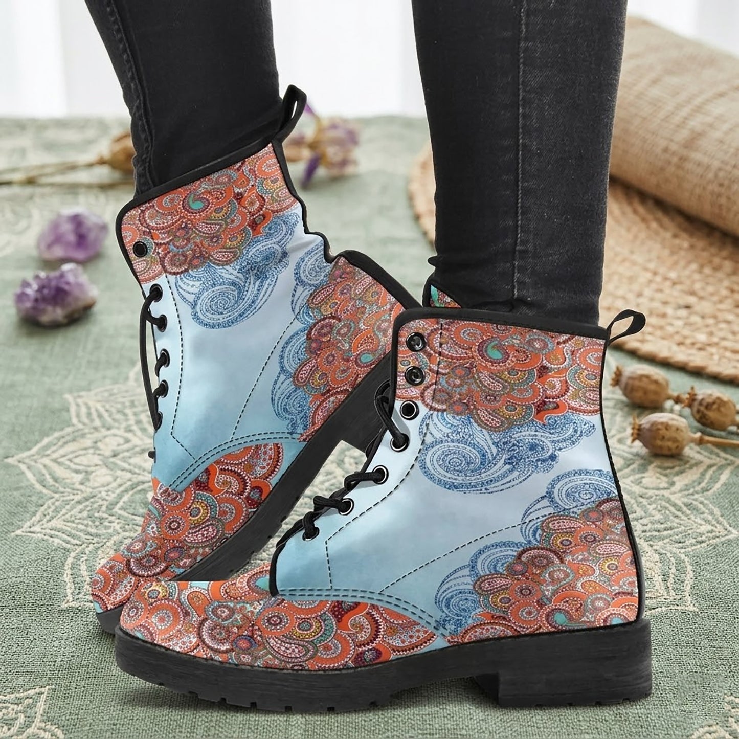 Blue Paisley Mandala Handcrafted Women's Vegan Leather Combat Boots