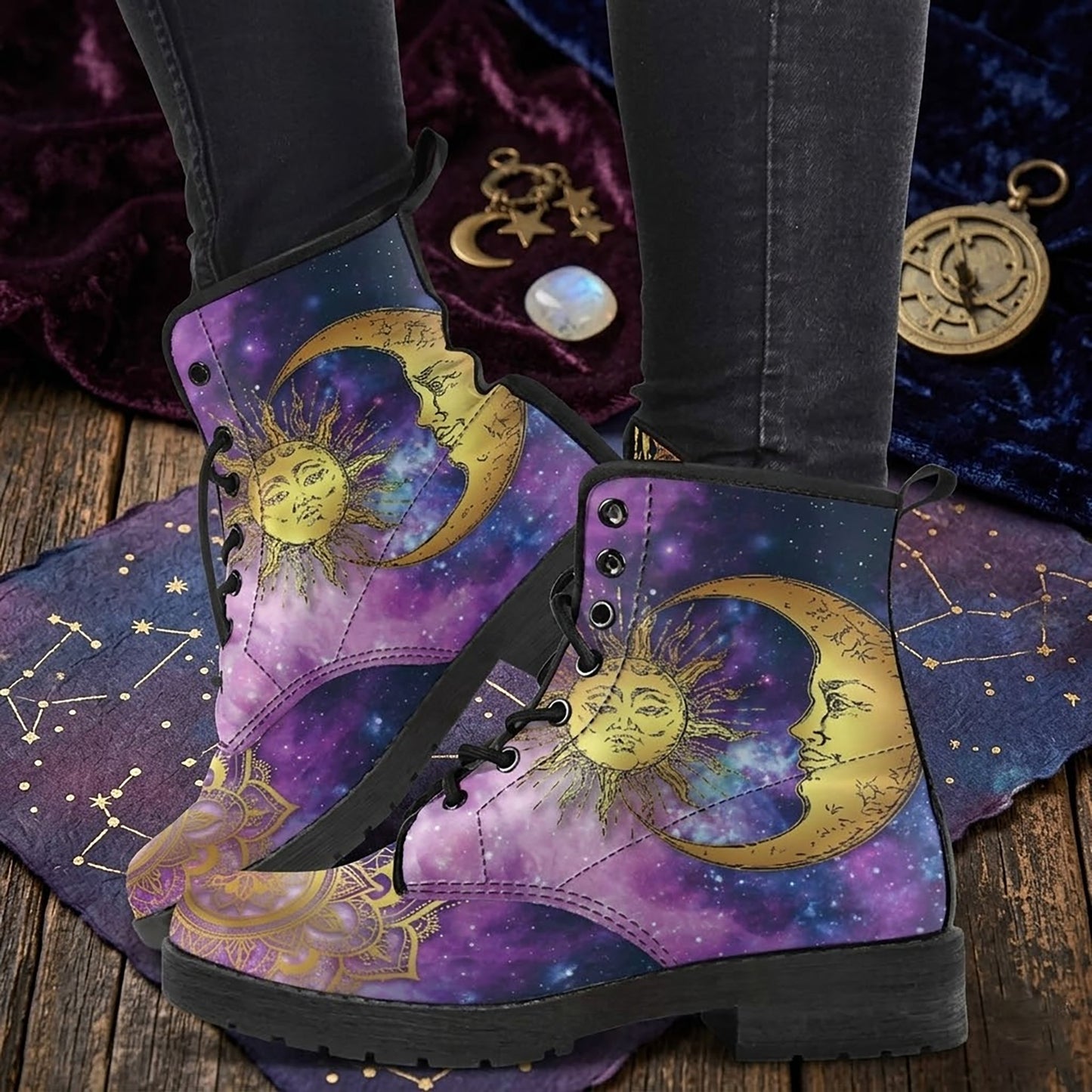 Forever Sun Moon Hippie Retro Women's Vegan Leather Combat Boots