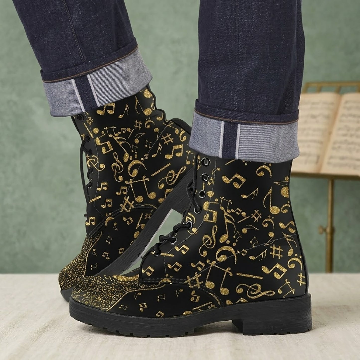 Gold Music Notes Women's Vegan Leather Combat Boots