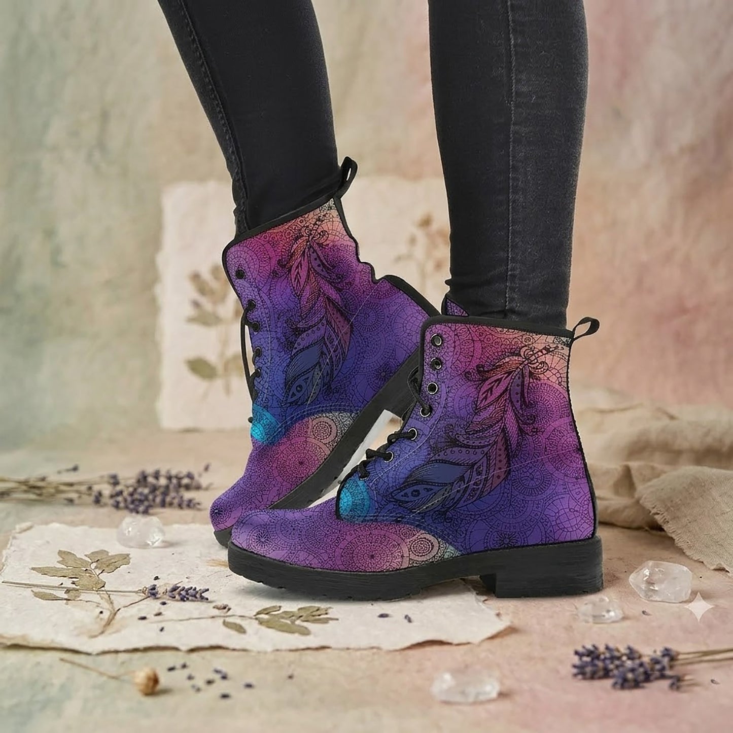 Purple Feather Mandala Women's Vegan Leather Combat Boots