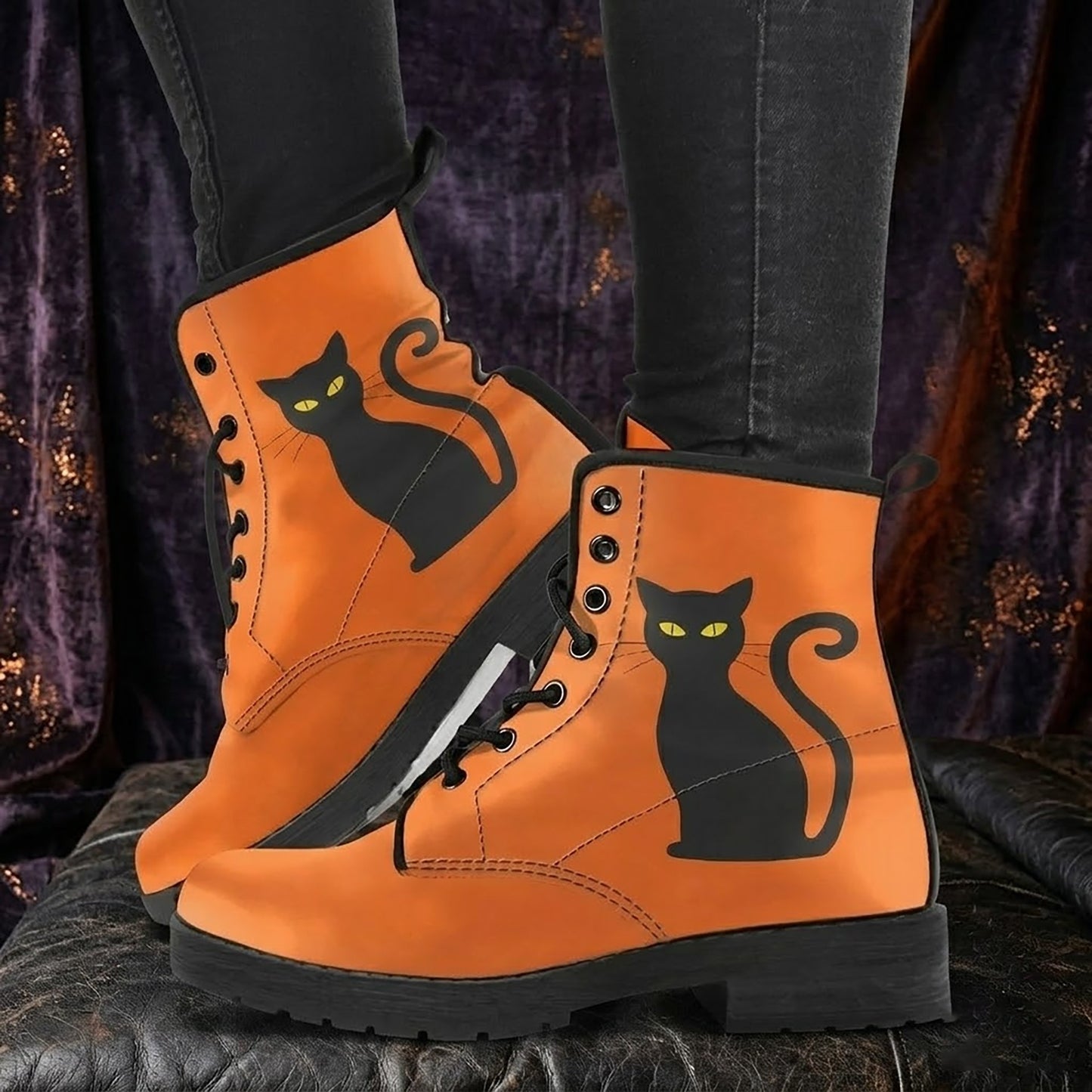 Halloween Cat Women's Vegan Leather Combat Boots