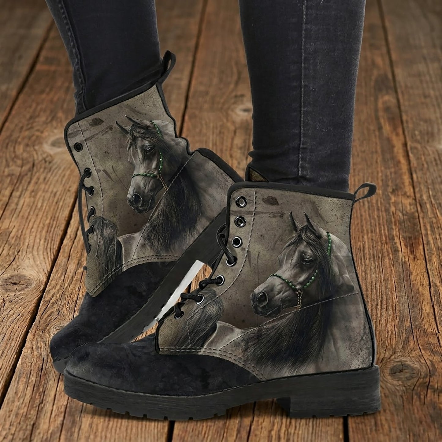 Classic Horse Head in Grey and Black Vegan Leather Boots