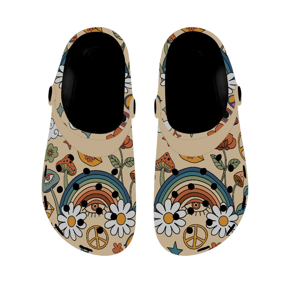 Boho Rainbow and Trippy Mushrooms Women's Clogs Black Sole