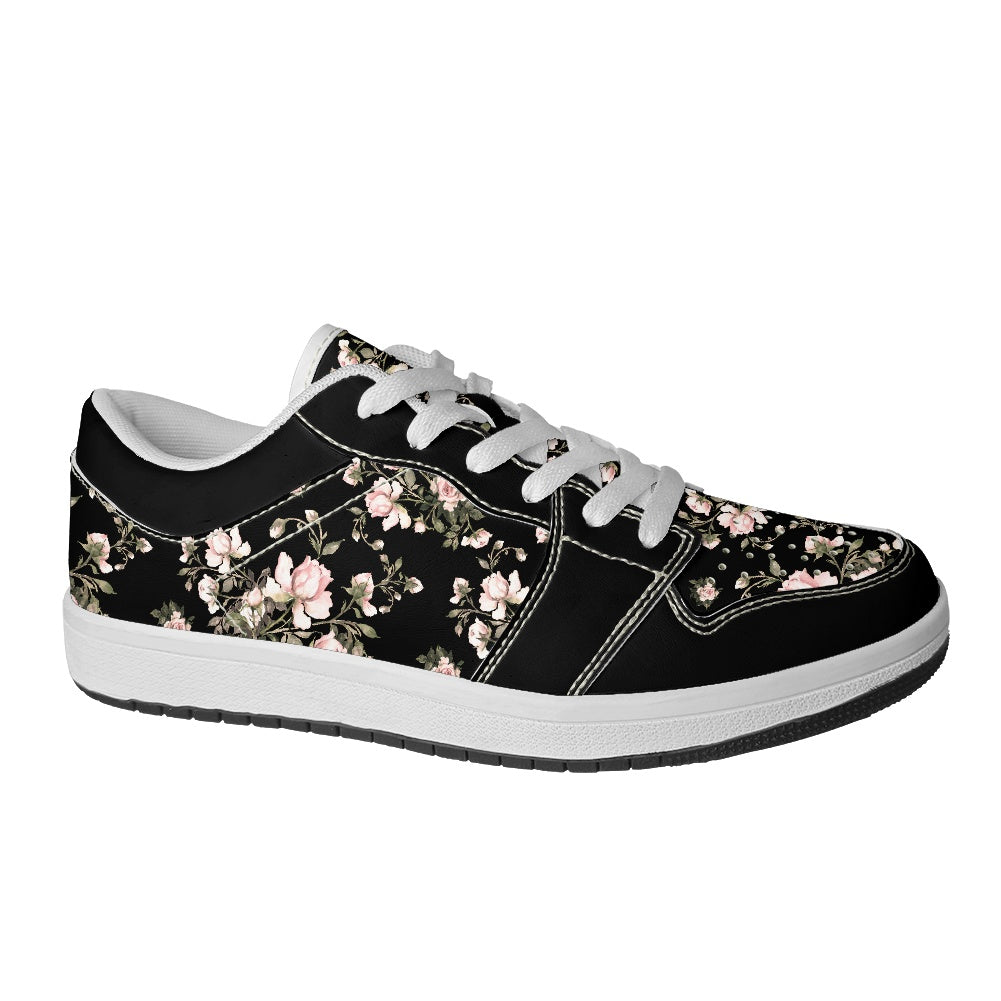 Black Floral Pattern Women's Low Top Vegan Leather Sneakers