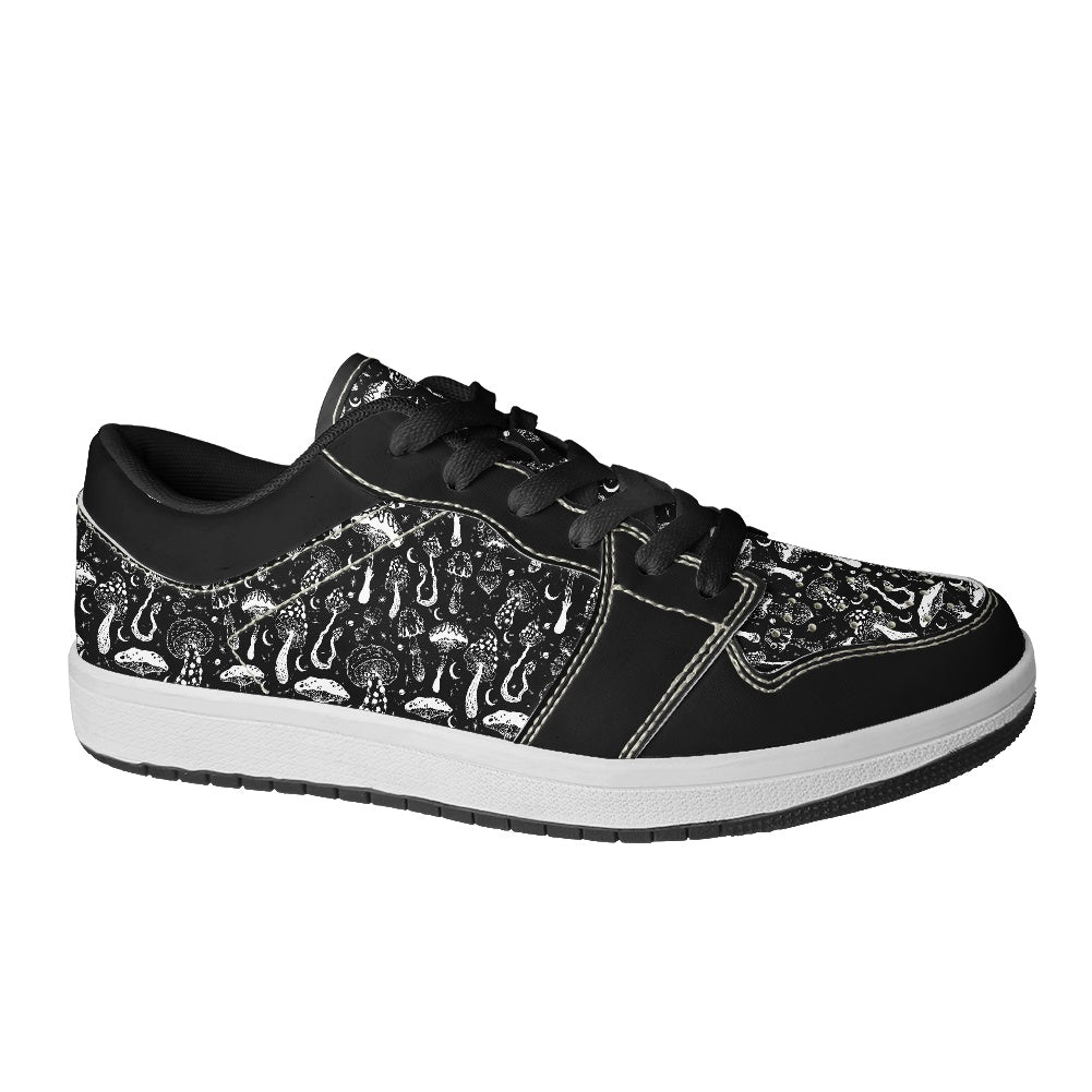 Black White Mushrooms Women's Low Top Leather Sneakers