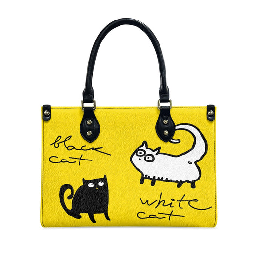 Black and White Cat on Yellow Women's Vegan Leather Handbag