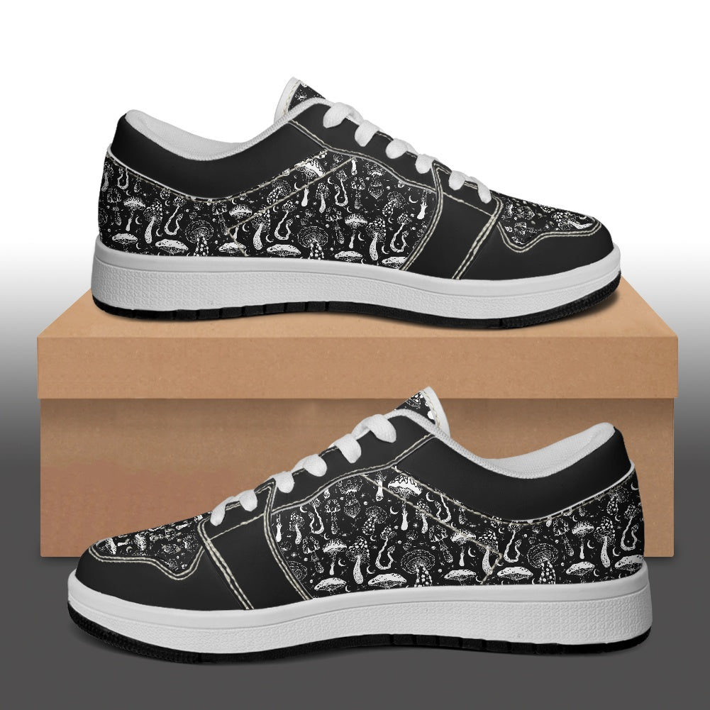 Black White Mushrooms Women's Low Top Leather Sneakers