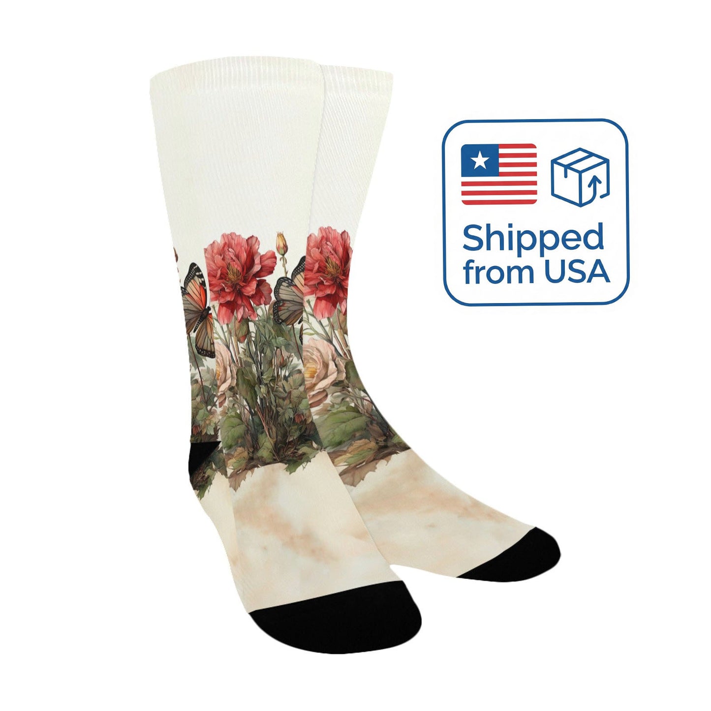 Botanical junk Journal butterfly Socks - Custom Socks for Women Made in USA