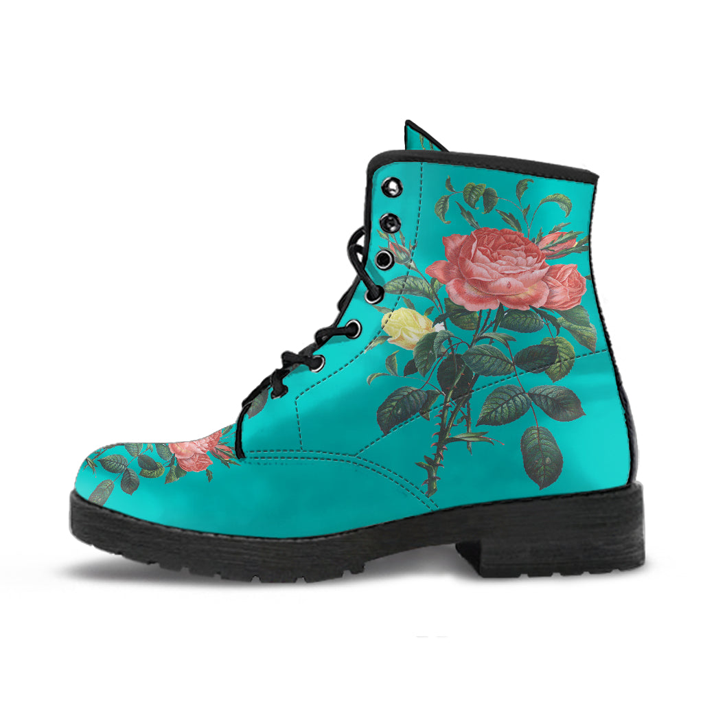 Blue Rose Floral Print Women's Vegan leather Combat Boots