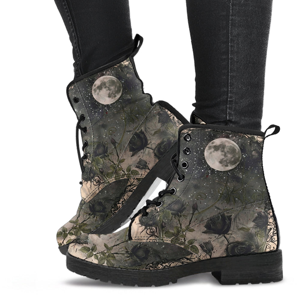 dark black roses moon women's combat boots vegan leather – Sole Design Studio
