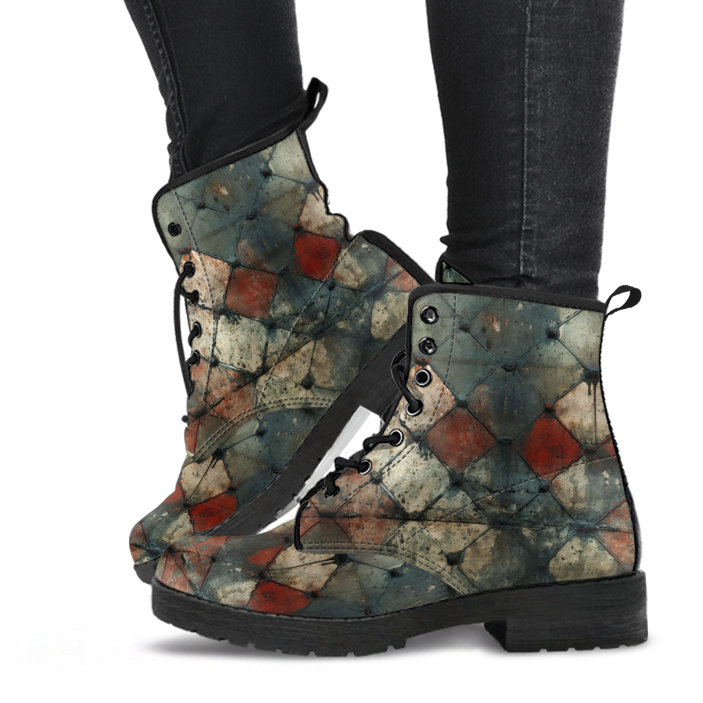 Rustic Grid Patina Women's Vegan Leather Combat Boots