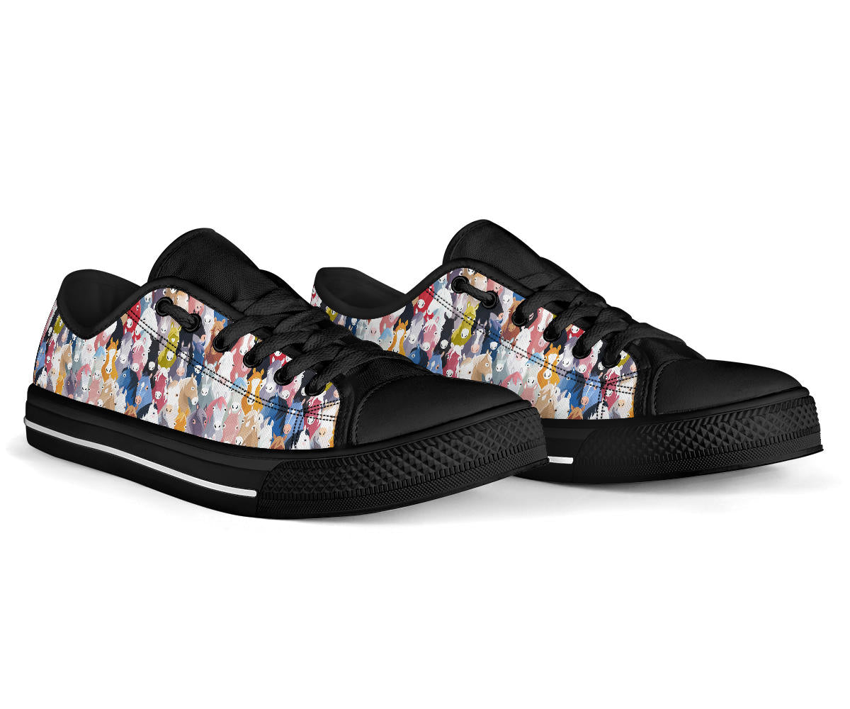 Colorful Cartoon Horse Head Low Top Sneakers in Black