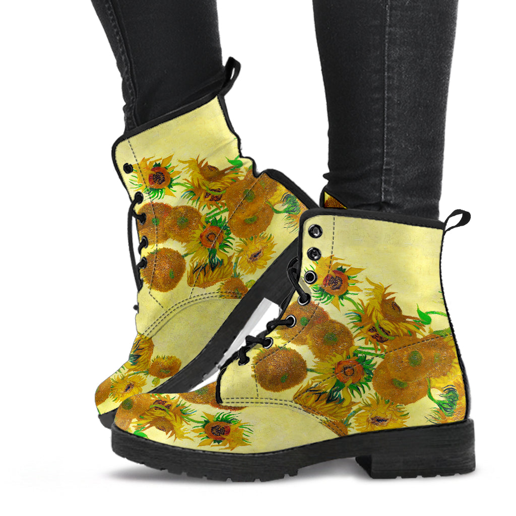 Van Gogh's Sunflowers Women's Vegan Leather Combat Boots