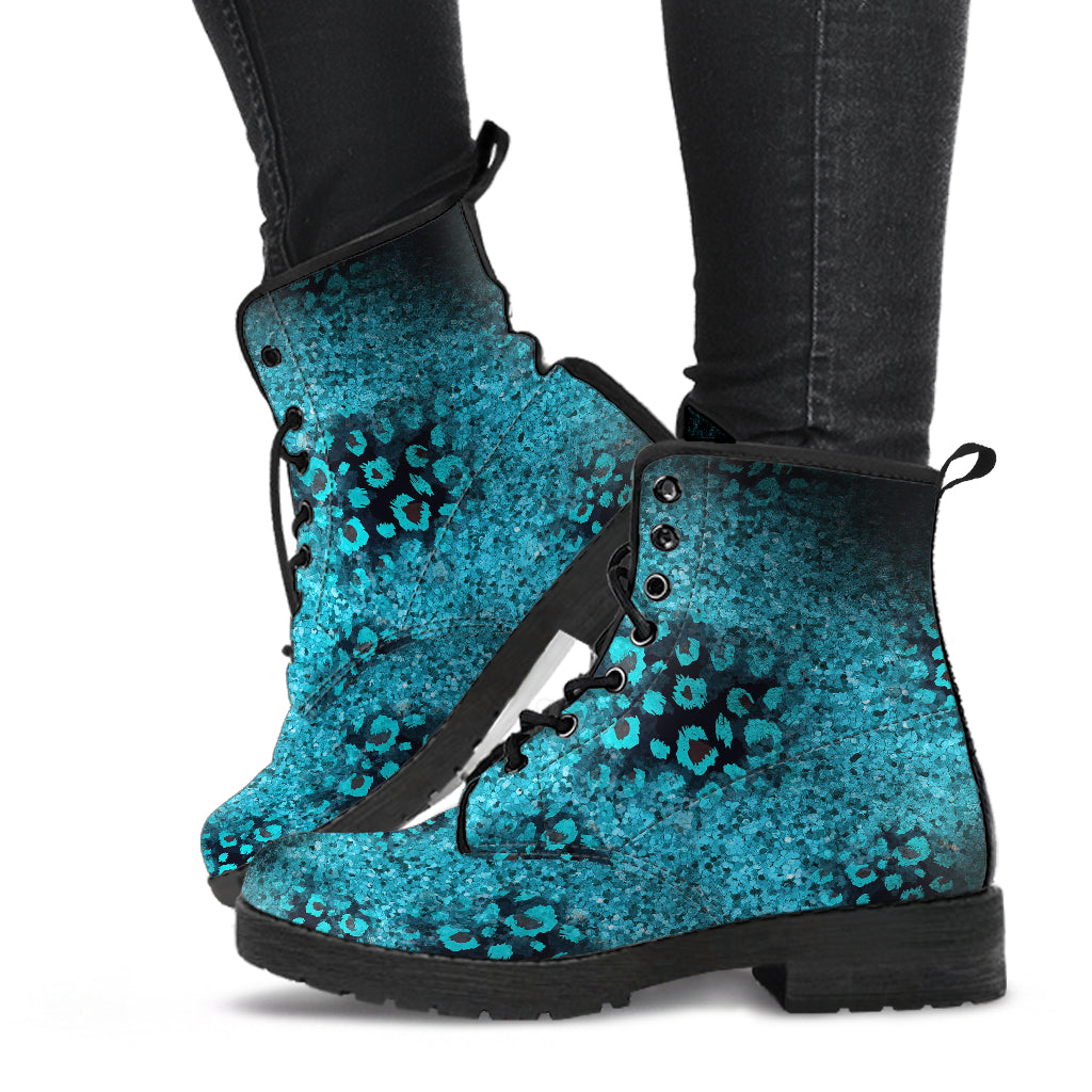 Teal, Black and Blue Leopard Spot Vegan Leather Boots - READY TO SHIP