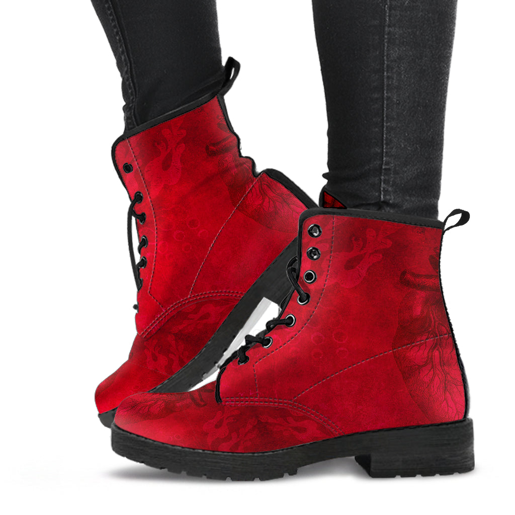 Red Gothic Heart Women's Vegan Leather Combat Boots