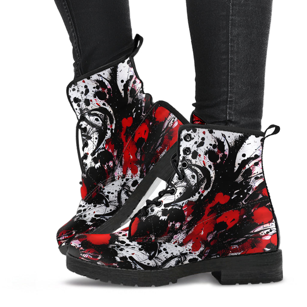 Red And Black Ink Splatter Vegan Leather Combat Boots - READY TO SHIP