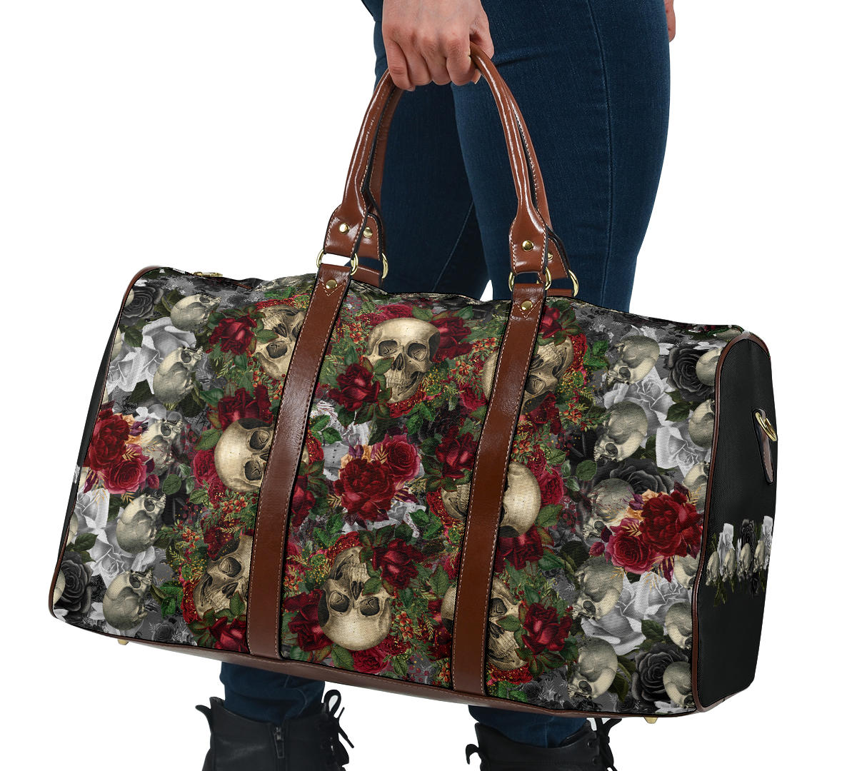 Skulls and Roses on Silver Old Carpet Women's Travel Bag